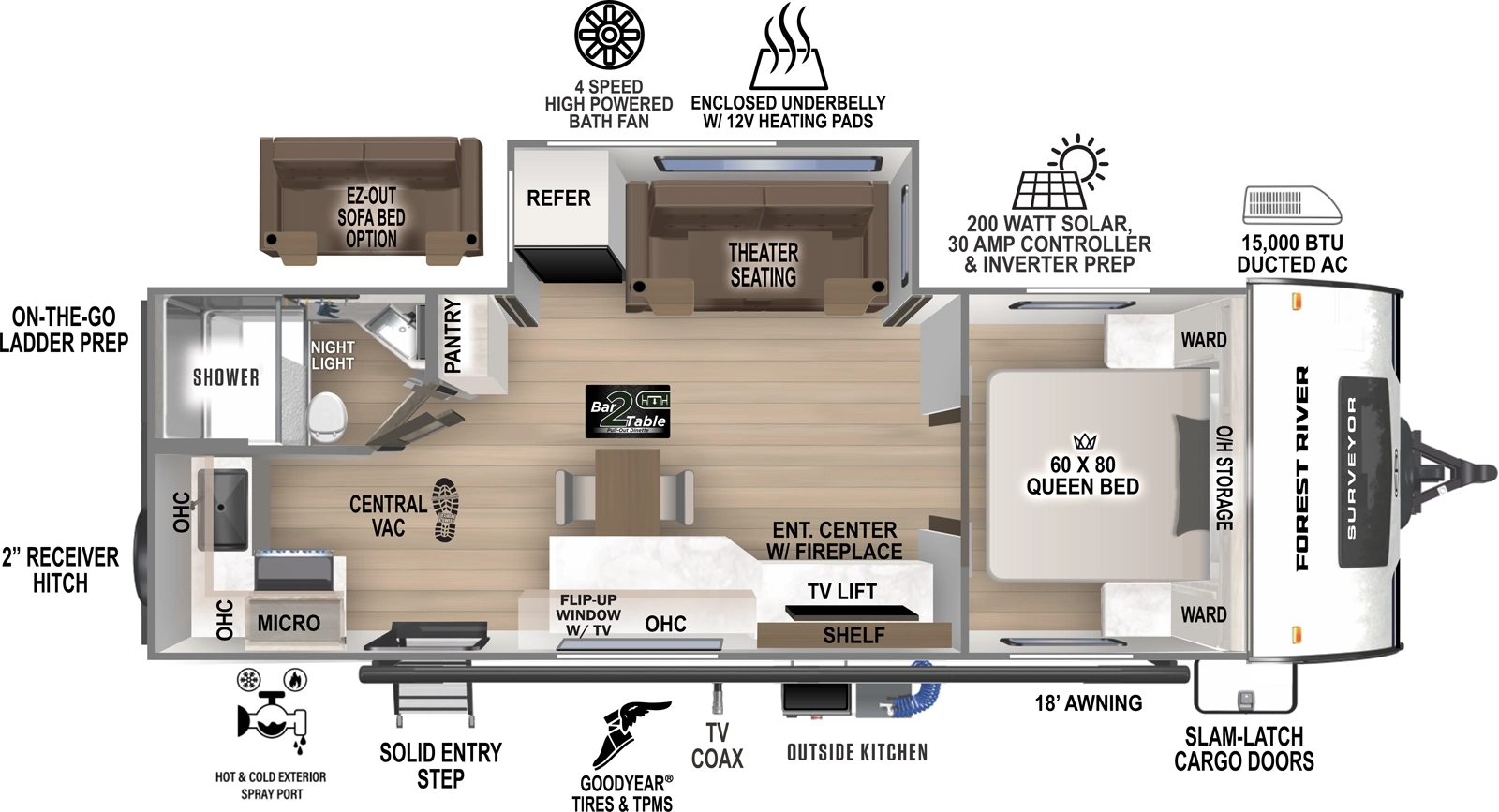 The Surveyor Legend 230MDLE floorplan has one entry and one slide out. Exterior features include: fiberglass exterior, 18' awning and outside kitchen. Interiors features include: front bedroom.